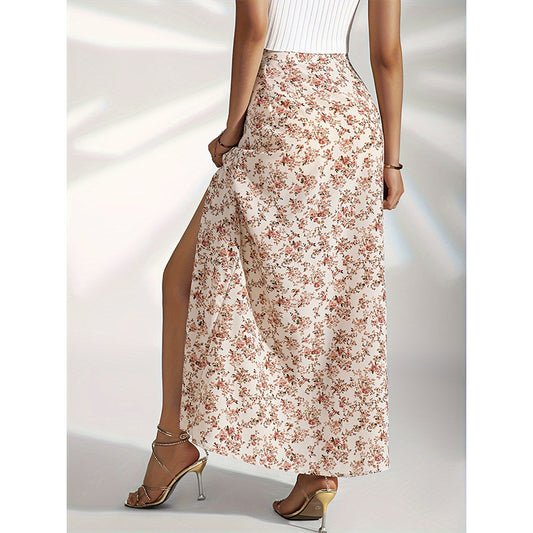 Gentle High Waist Slit Floral Skirt For Women