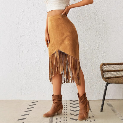 Women's Tassel Edge Asymmetrical Hem Solid Color Skirt