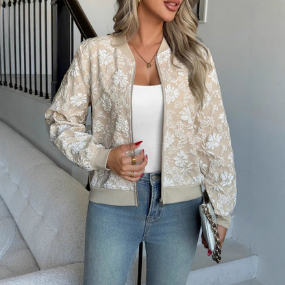 Jacquard Weave Zip Loose Slimming Temperament Commute Casual Top Coat