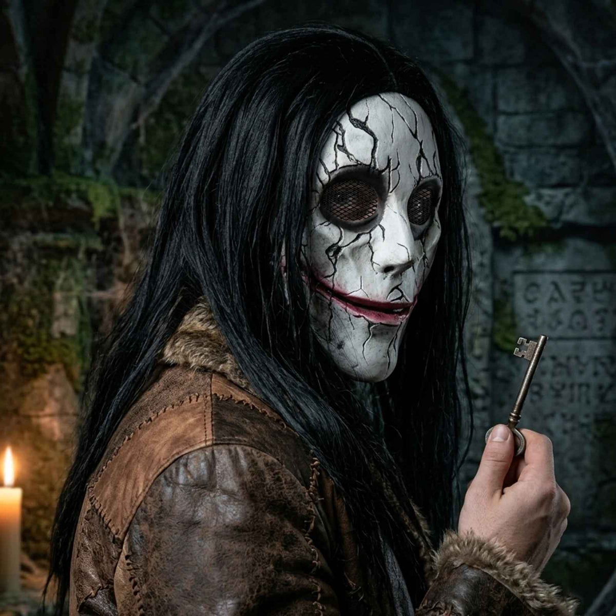 👹 Maschera Horror Halloween Viso Screpolato Capelli Neri Lattice Cosplay Adulti