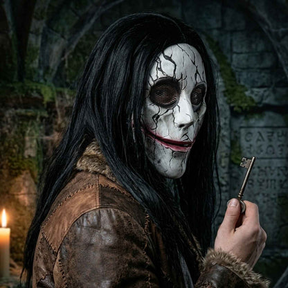 👹 Maschera Horror Halloween Viso Screpolato Capelli Neri Lattice Cosplay Adulti