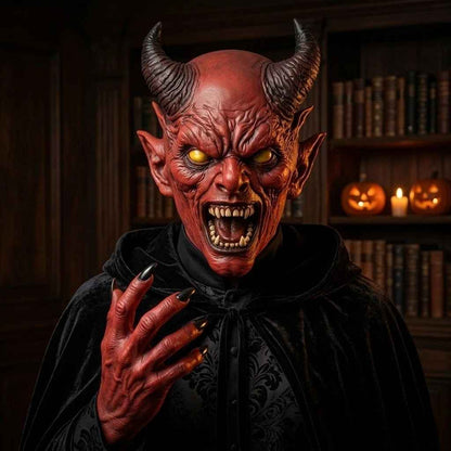 😈 Maschera Demoniaca Spaventosa con Corna – Copertura Totale in Lattice Dipinta a Mano