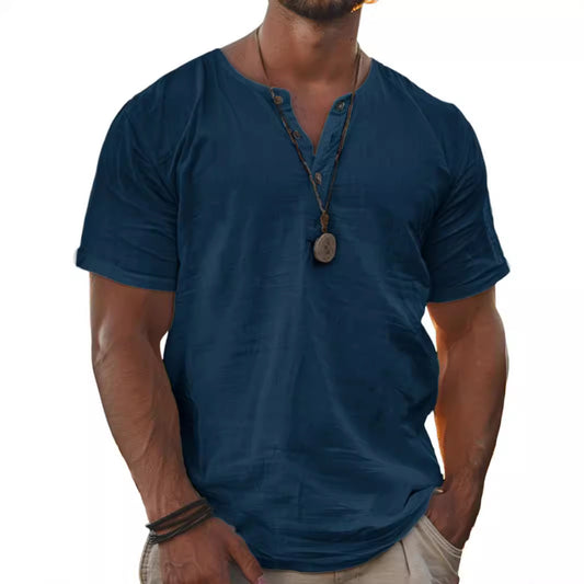 Men's Fashion Wear Men's Stand Collar Half Cardigan 4 Button Short Sleeve Shirt