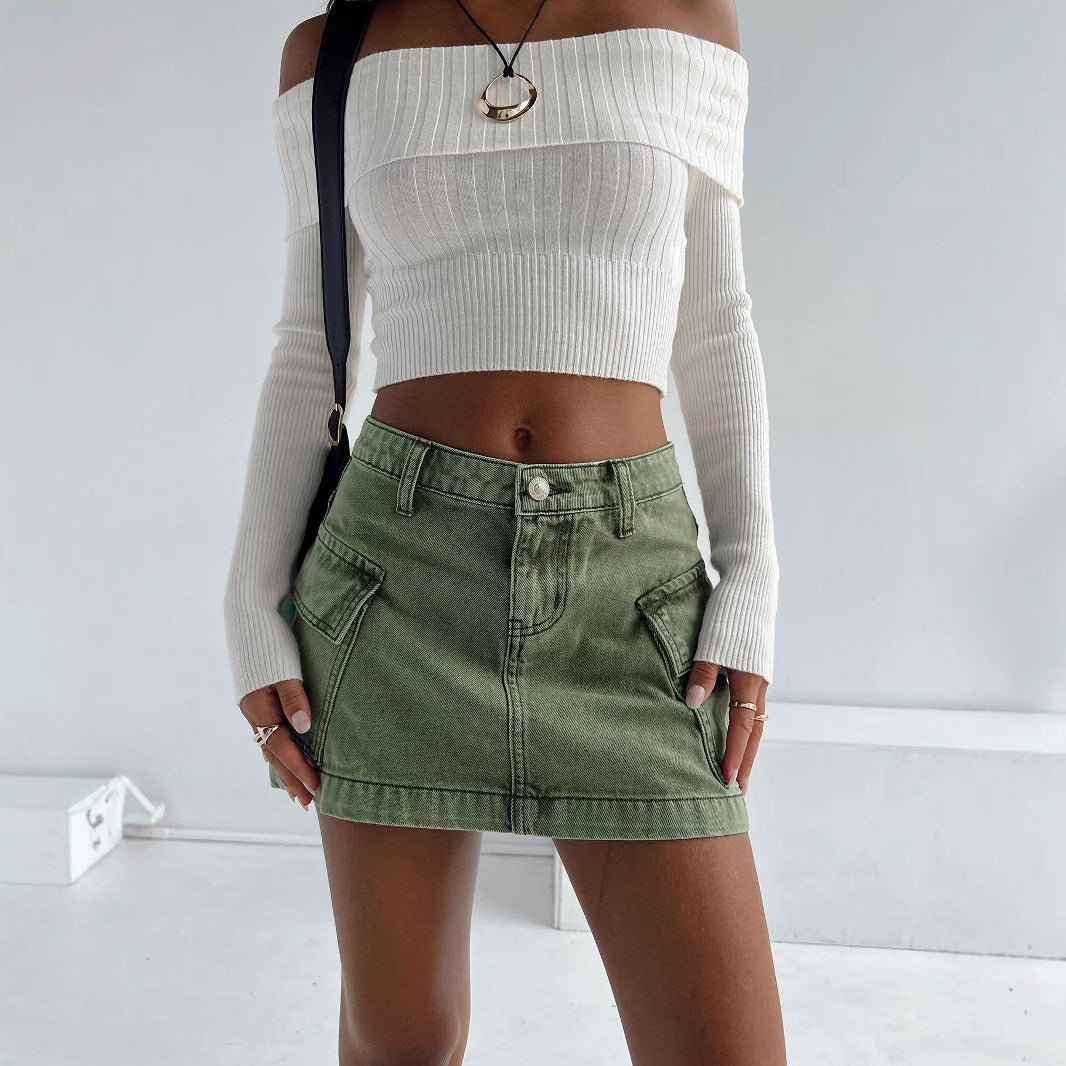 Solid Color Low Waist Denim Slim Fit Package Hip Skirt