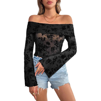 European And American Mesh Flocking Floral Print Off-the-shoulder Flared Sleeves Slim T-shirt