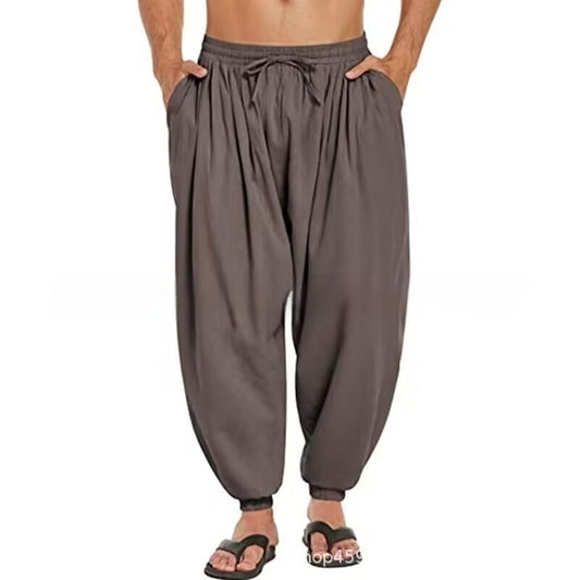 Solid Color Cotton And Linen Pocket Stretch Men's Casual Trousers