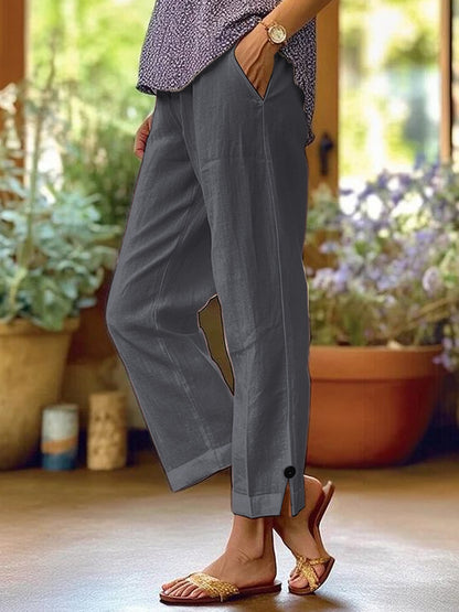 Cotton And Linen Loose Pure Color Elastic Waist Pocket Straight Casual Pants