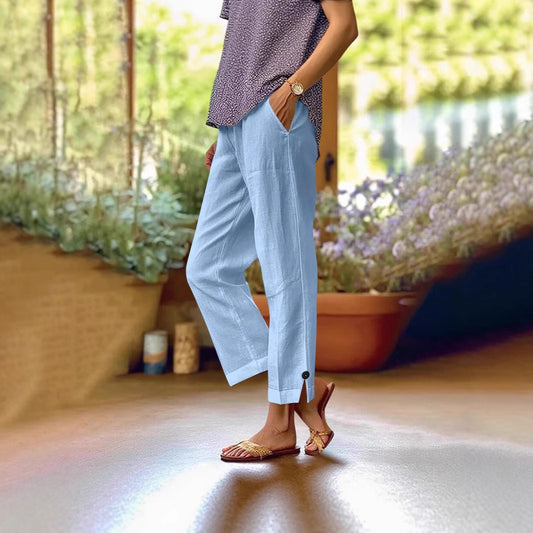 Cotton And Linen Loose Pure Color Elastic Waist Pocket Straight Casual Pants