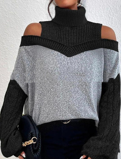 Turtleneck Off-the-shoulder Long Sleeve Printed Top