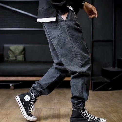 Jeans Uomo Harem Dritti Oversize con Ricamo Lavaggio Acqua Taglie Forti