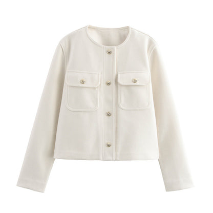 Temperament Crew Neck Long Sleeve Pocket Decorative Jacket Coat