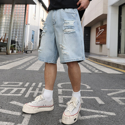 Pantaloncini Uomo in Denim Strappato – Loose Fit Casual Stile Hip Hop