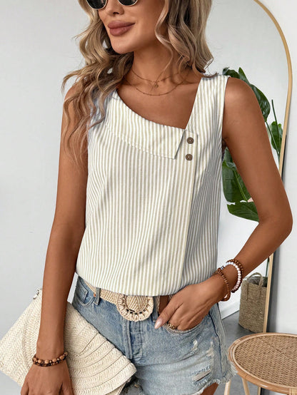 Casual Diagonal Collar Sleeveless Multi-color Stripe Women's Top