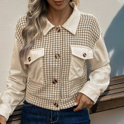 Corduroy Stitching Brushed Houndstooth Coat Women