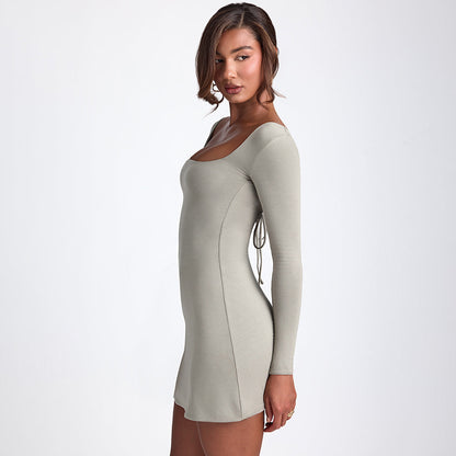 Long Sleeve Stitching Low Waist Solid Color Lace-up Backless Short Dress