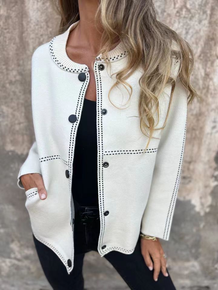 Striped Loose Round Neck Button Long Sleeve Versatile Sweater Coat