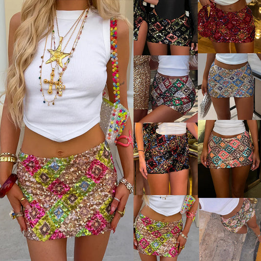Geometric Stitching Sequins Glitter Short Skirt Hip Skirt