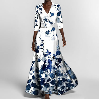 Tight Waist Slim Print V-neck Long-sleeve Dress