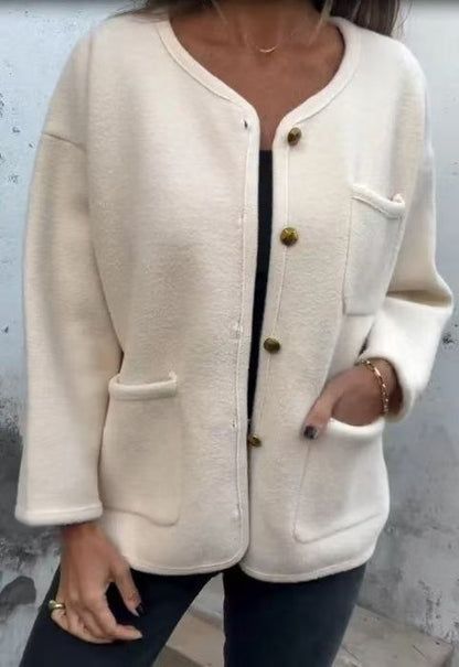 Women's Round Neck Long Sleeve Woolen Coat