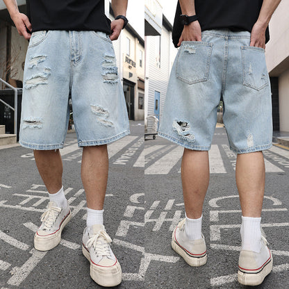 Pantaloncini Uomo in Denim Strappato – Loose Fit Casual Stile Hip Hop