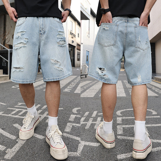 Pantaloncini Uomo in Denim Strappato – Loose Fit Casual Stile Hip Hop