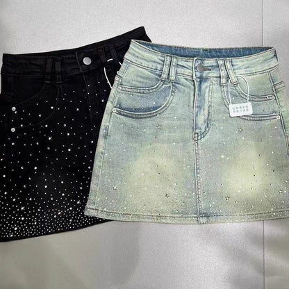 Retro Rhinestone Bright Star River Slim-fit Slimming Denim Skirt
