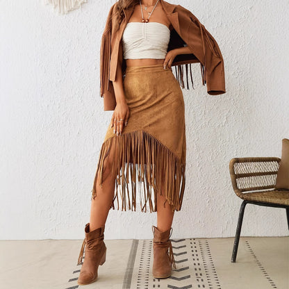 Women's Tassel Edge Asymmetrical Hem Solid Color Skirt