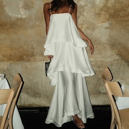 Sleeveless White Satin Drape Dress