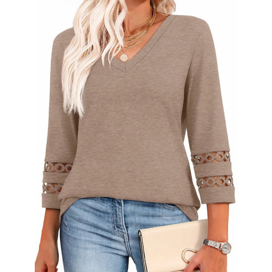 European And American Fashion Solid Color Loose V-neck 34 Sleeves Round Neck Hollowed Leisure Top