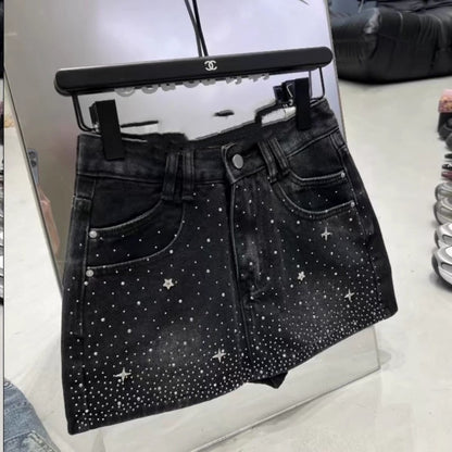 Retro Rhinestone Bright Star River Slim-fit Slimming Denim Skirt