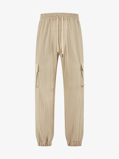 Loose Breathable Micro Elastic Lace-up Imitation Linen Plaid Men's Casual Pants Overalls