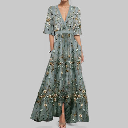 Tight Waist Slim Print V-neck Long-sleeve Dress