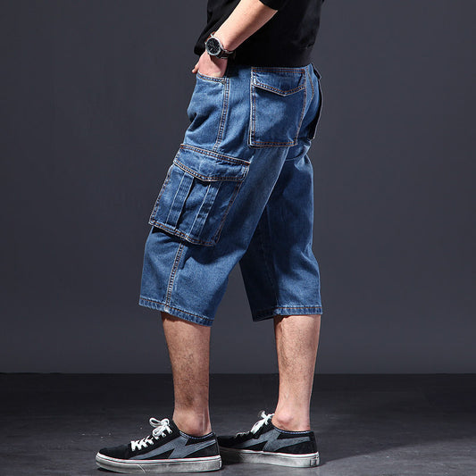 Jeans Uomo Estate Cropped Pants Mid Waist Blue Casual