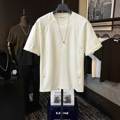 High-end Stitching Rivet Design Round Neck Short Sleeve