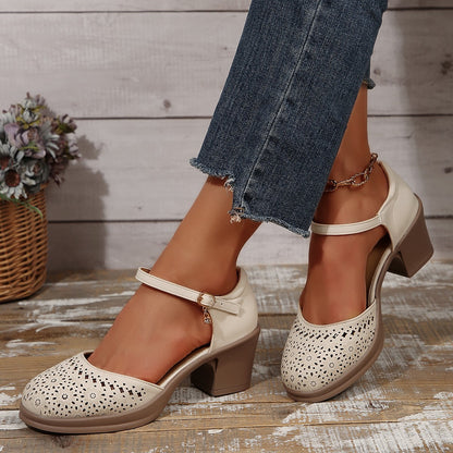 New Retro Easy Matching Hollow Out Mid Heel Toe Box Ankle-strap Buckle Pumps Women