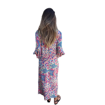 Loose Casual V-neck Printed Tape Pocket Dress