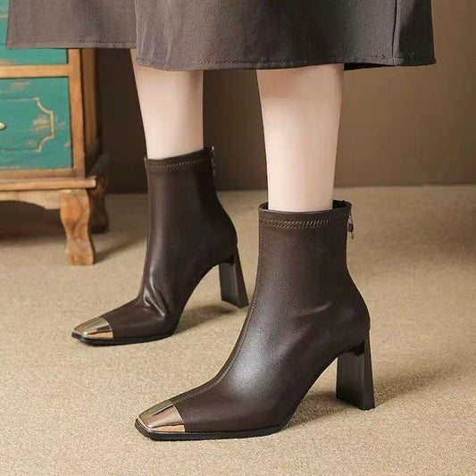 Metal Square Toe High Heel Boots Wild Korean Style