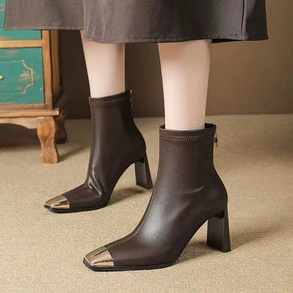 Metal Square Toe High Heel Boots Wild Korean Style