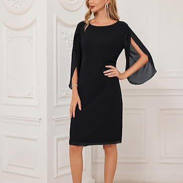 European And American Irregular Sleeve Solid Color Chiffon Mid-length Casual Dress