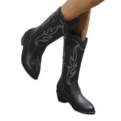 Plus Size Autumn New Mid-calf Riding Boots Embroidered Mid Heel Snow