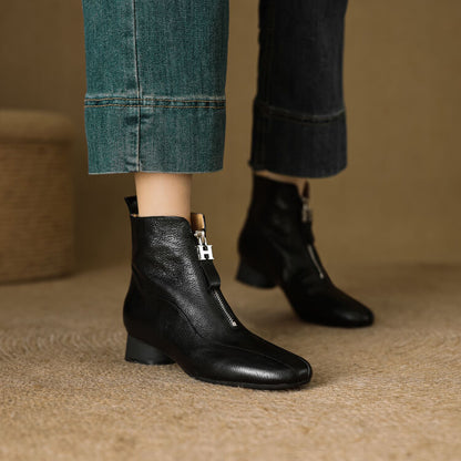 Full-grain Sheepskin Thick Heel Front Zip Ankle Boots