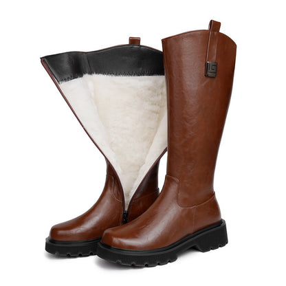 Women's High Tube Long Boots Real Sheepskin Fur Integrated Fleece-lined Thickened