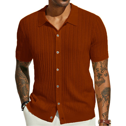Summer Cool Knitted Men's Shirt Short Sleeved Lapel Solid Color
