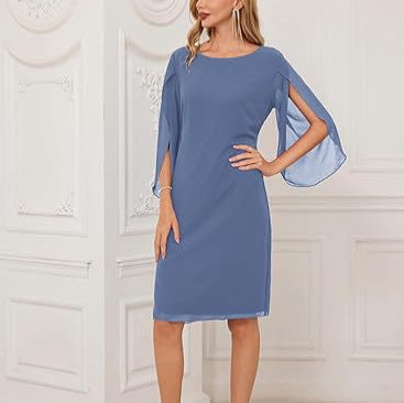 European And American Irregular Sleeve Solid Color Chiffon Mid-length Casual Dress