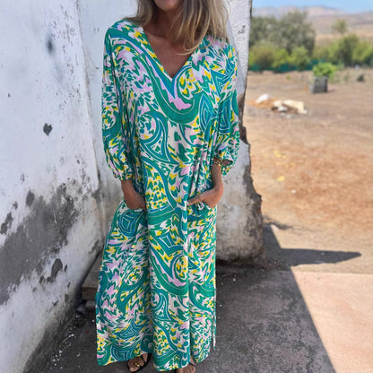 Loose Casual V-neck Printed Tape Pocket Dress