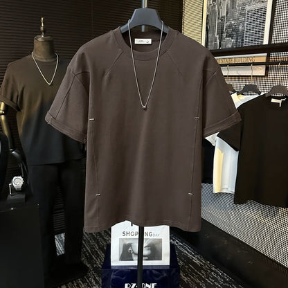 High-end Stitching Rivet Design Round Neck Short Sleeve