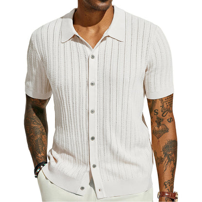 Summer Cool Knitted Men's Shirt Short Sleeved Lapel Solid Color