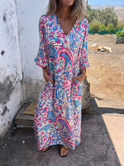 Loose Casual V-neck Printed Tape Pocket Dress