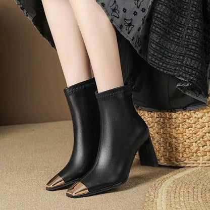 Metal Square Toe High Heel Boots Wild Korean Style