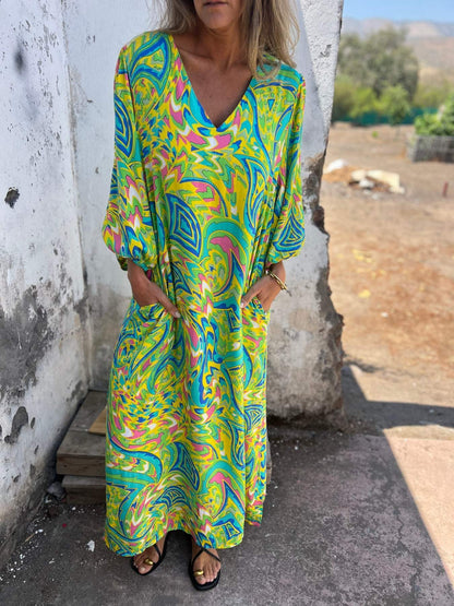Loose Casual V-neck Printed Tape Pocket Dress